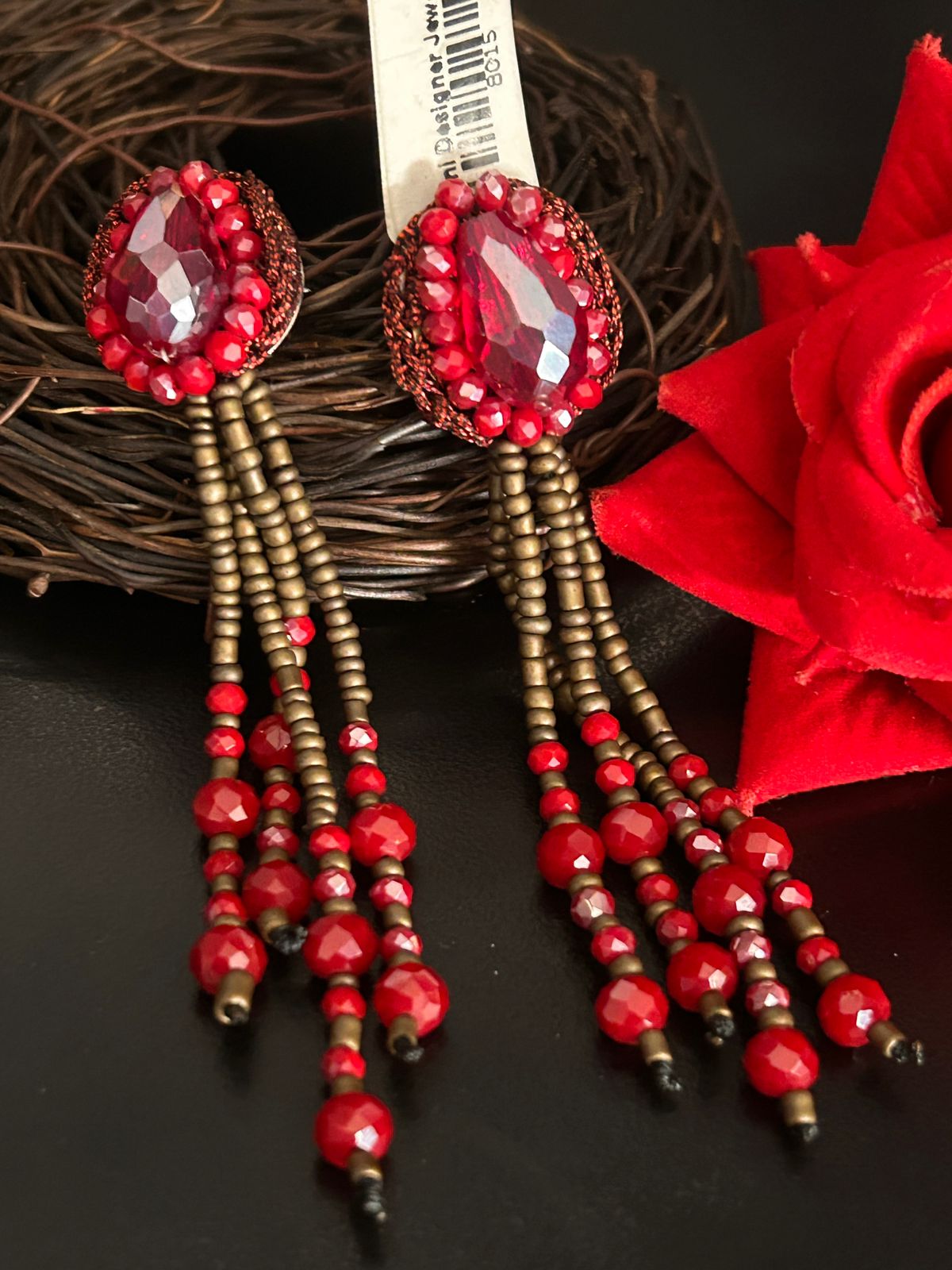 Red Beaded Tassel Earrings with Stone – Festive Party Wear Jewellery